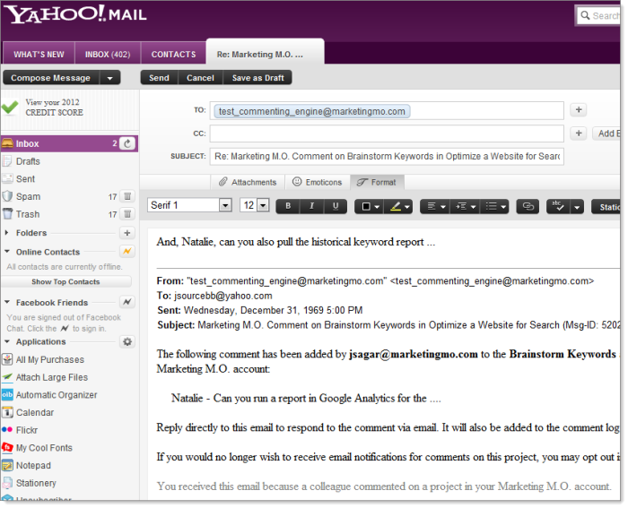 Responding to Comment in Yahoo Email Client